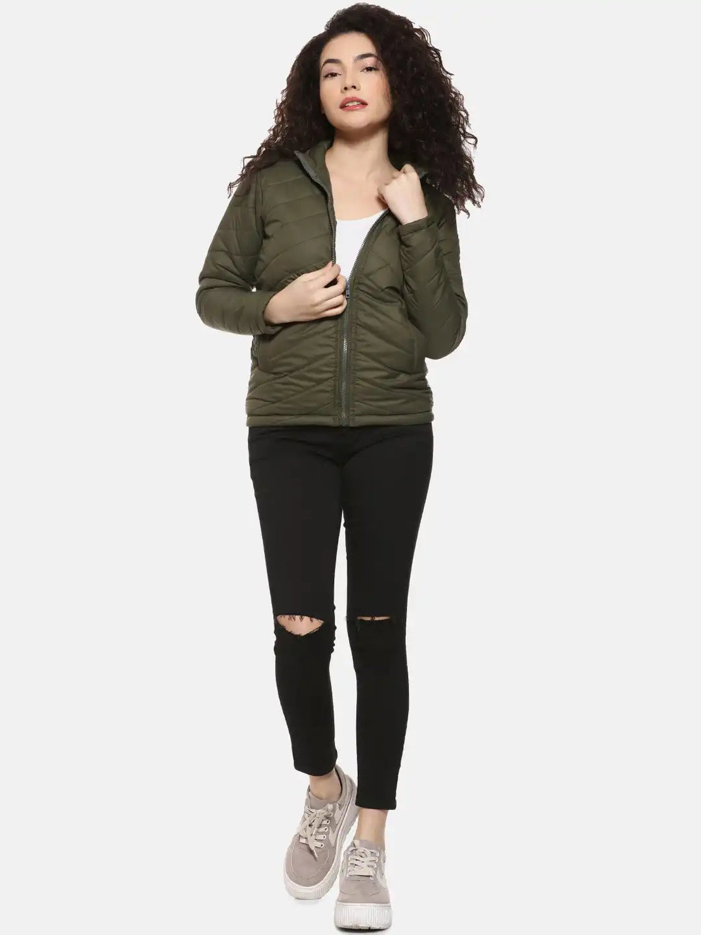 Women Olive Green Solid Padded Jacket