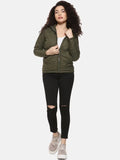 Women Olive Green Solid Padded Jacket