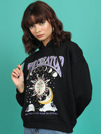 Black Graphic Printed Hooded Oversized Pullover