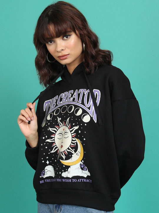 Black Graphic Printed Hooded Oversized Pullover