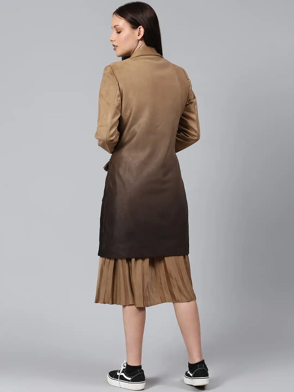 Women Tan Brown Solid Suede Longline Overcoat