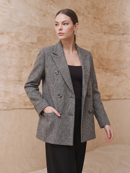 Self Design Notched Lapel Double-Breasted Casual Blazer