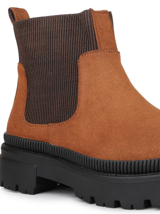 Women Tan Casual Solid Round toe Chelsea Boots