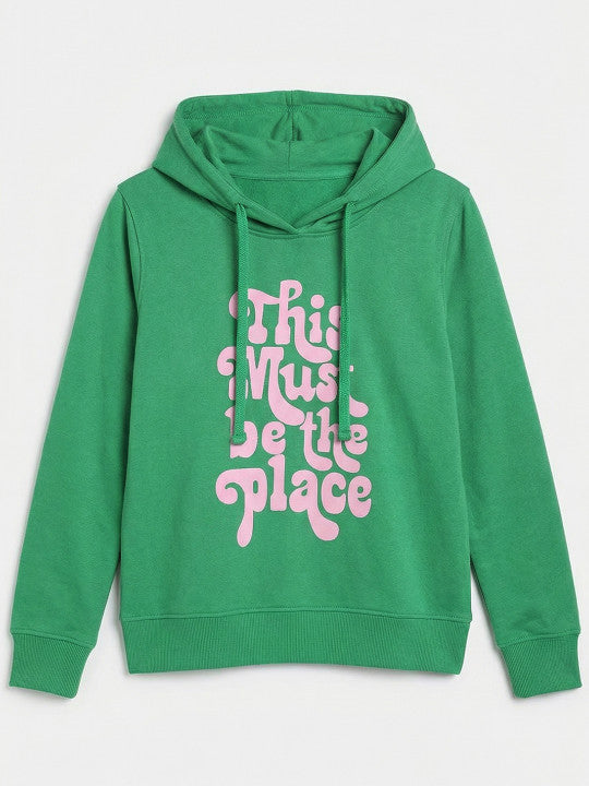 Women Green Printed Hooded Sweatshirt