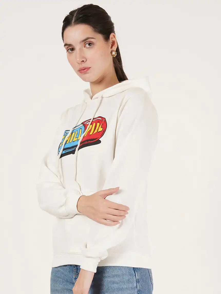 Women Typography Printed Hooded Pullover Sweatshirt