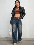 Women Wide Leg High-Rise Low Distress Jeans