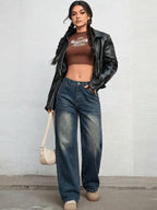 Women Wide Leg High-Rise Low Distress Jeans