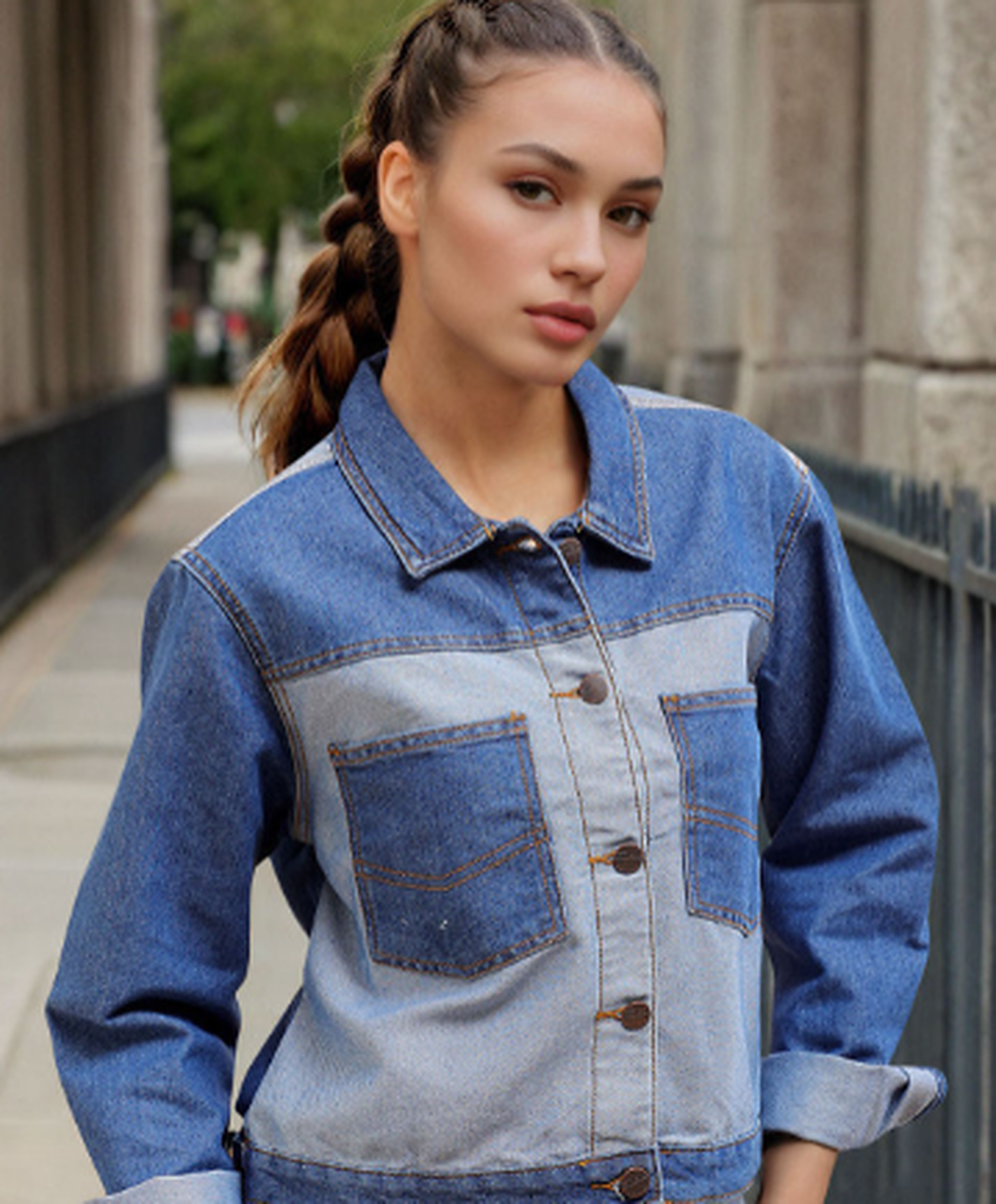 Washed Colourblocked Crop Denim Jacket with Patchwork