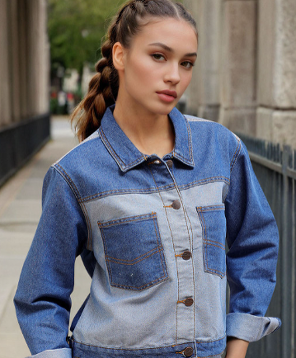 Washed Colourblocked Crop Denim Jacket with Patchwork