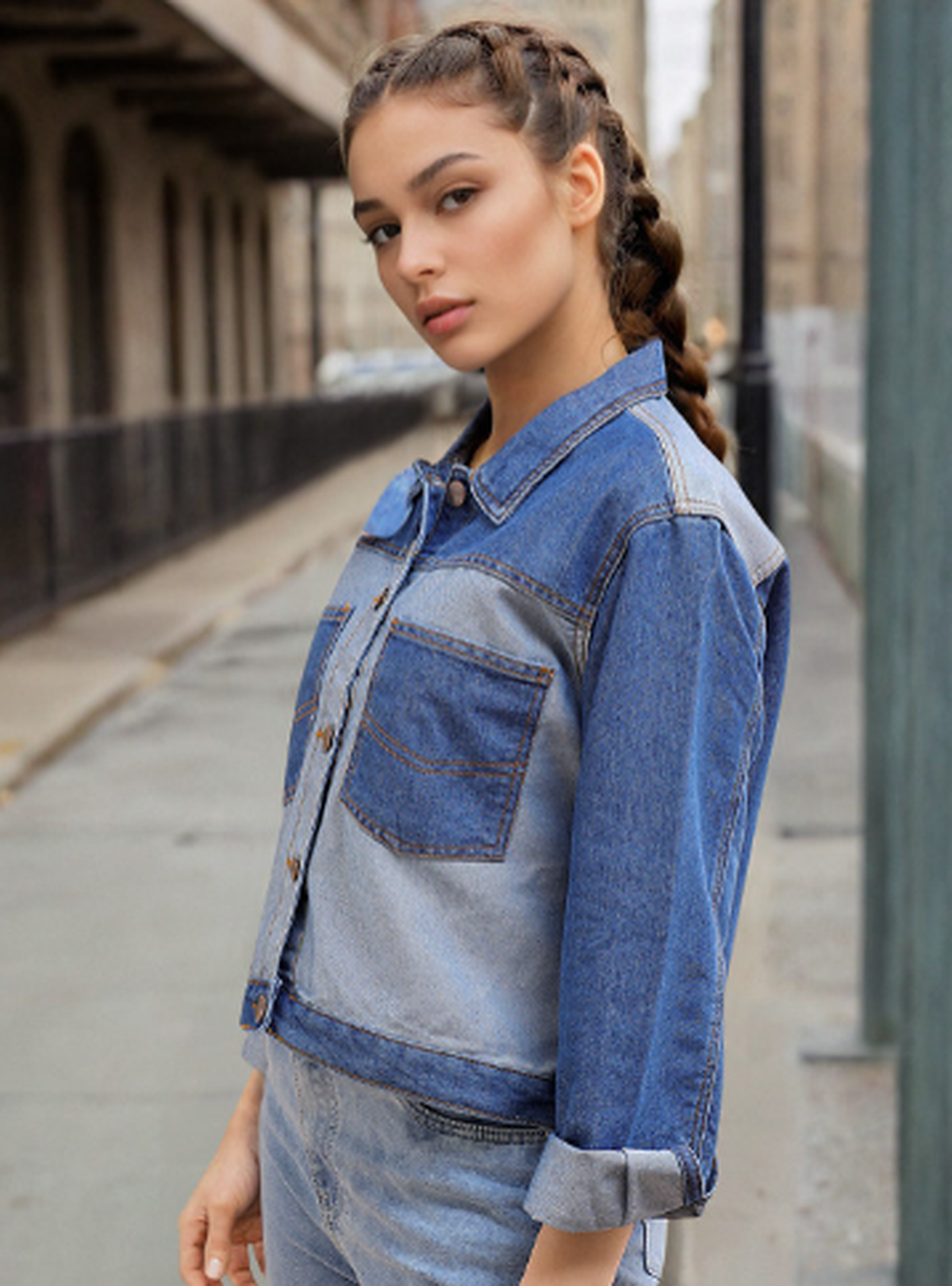 Washed Colourblocked Crop Denim Jacket with Patchwork