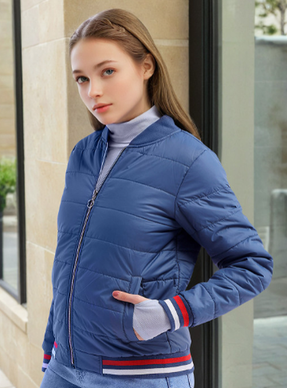 Blue Stand Collar Long Sleeve Zip Detail Padded Jacket