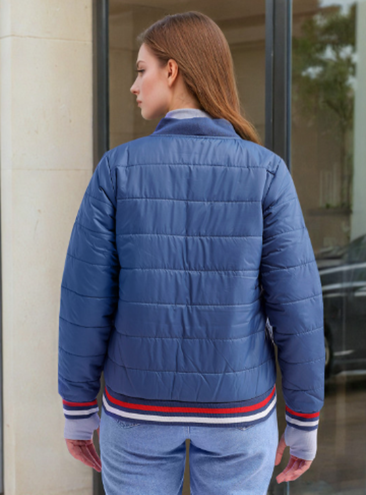 Blue Stand Collar Long Sleeve Zip Detail Padded Jacket