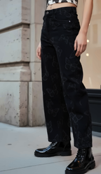 Women Black Wide Leg Clean Look Printed Stretchable Jeans
