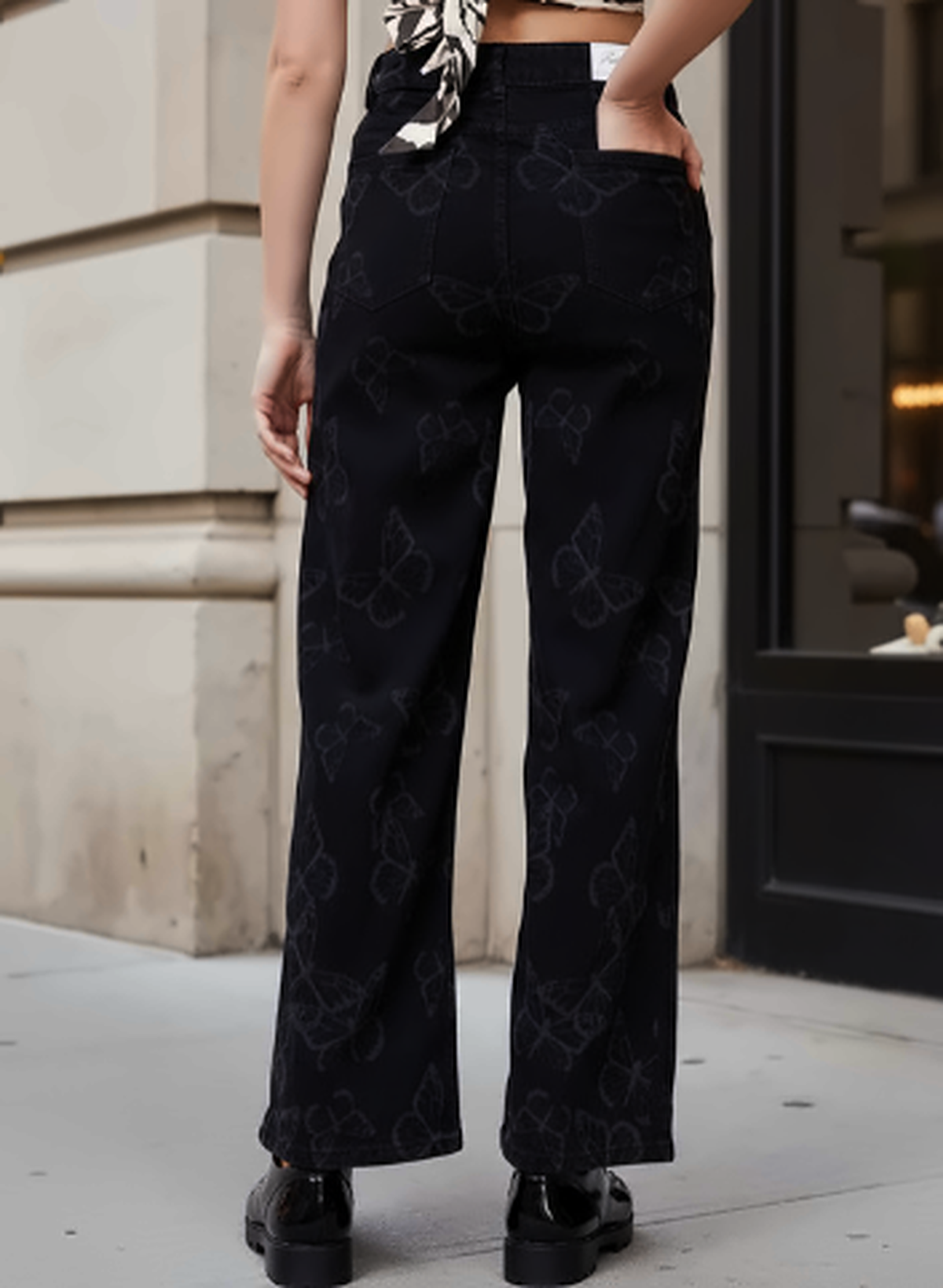 Women Black Wide Leg Clean Look Printed Stretchable Jeans