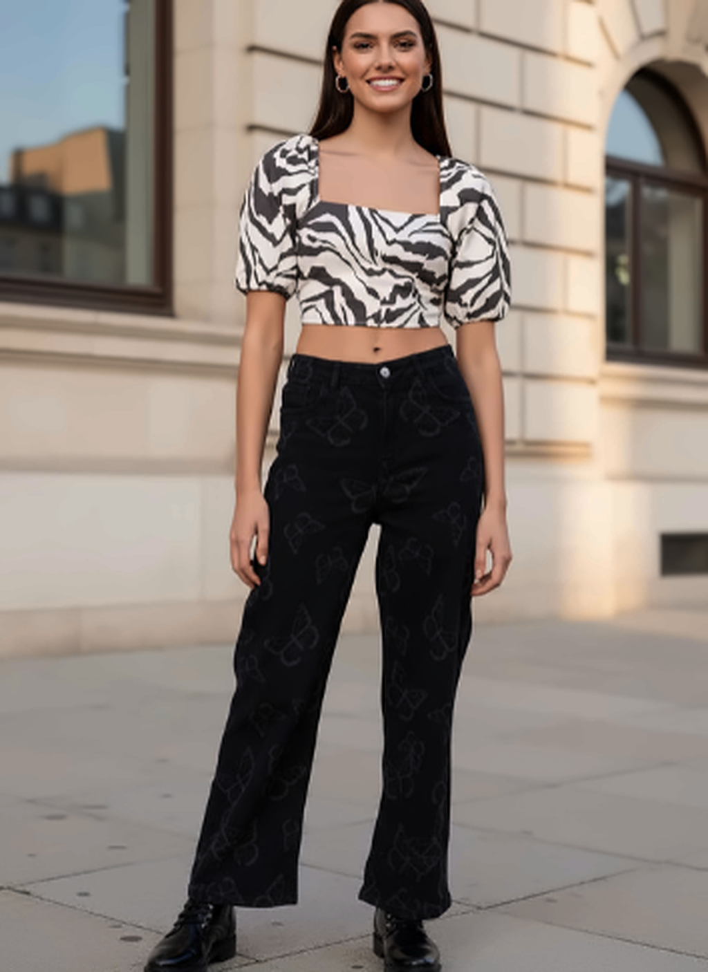 Women Black Wide Leg Clean Look Printed Stretchable Jeans