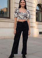 Women Black Wide Leg Clean Look Printed Stretchable Jeans