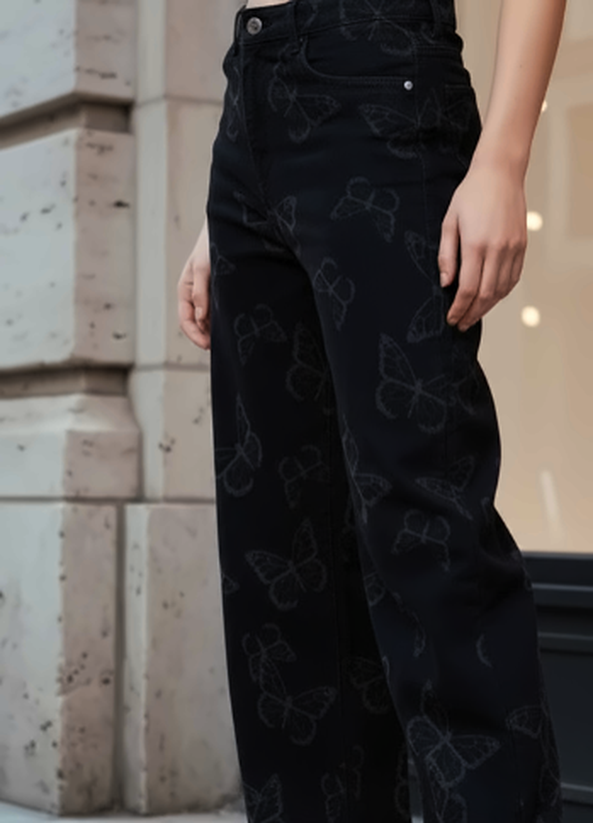 Women Black Wide Leg Clean Look Printed Stretchable Jeans