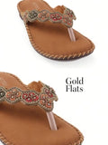 Women Brown Gold-Toned Embellished Open Toe Flats