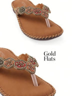 Women Brown Gold-Toned Embellished Open Toe Flats