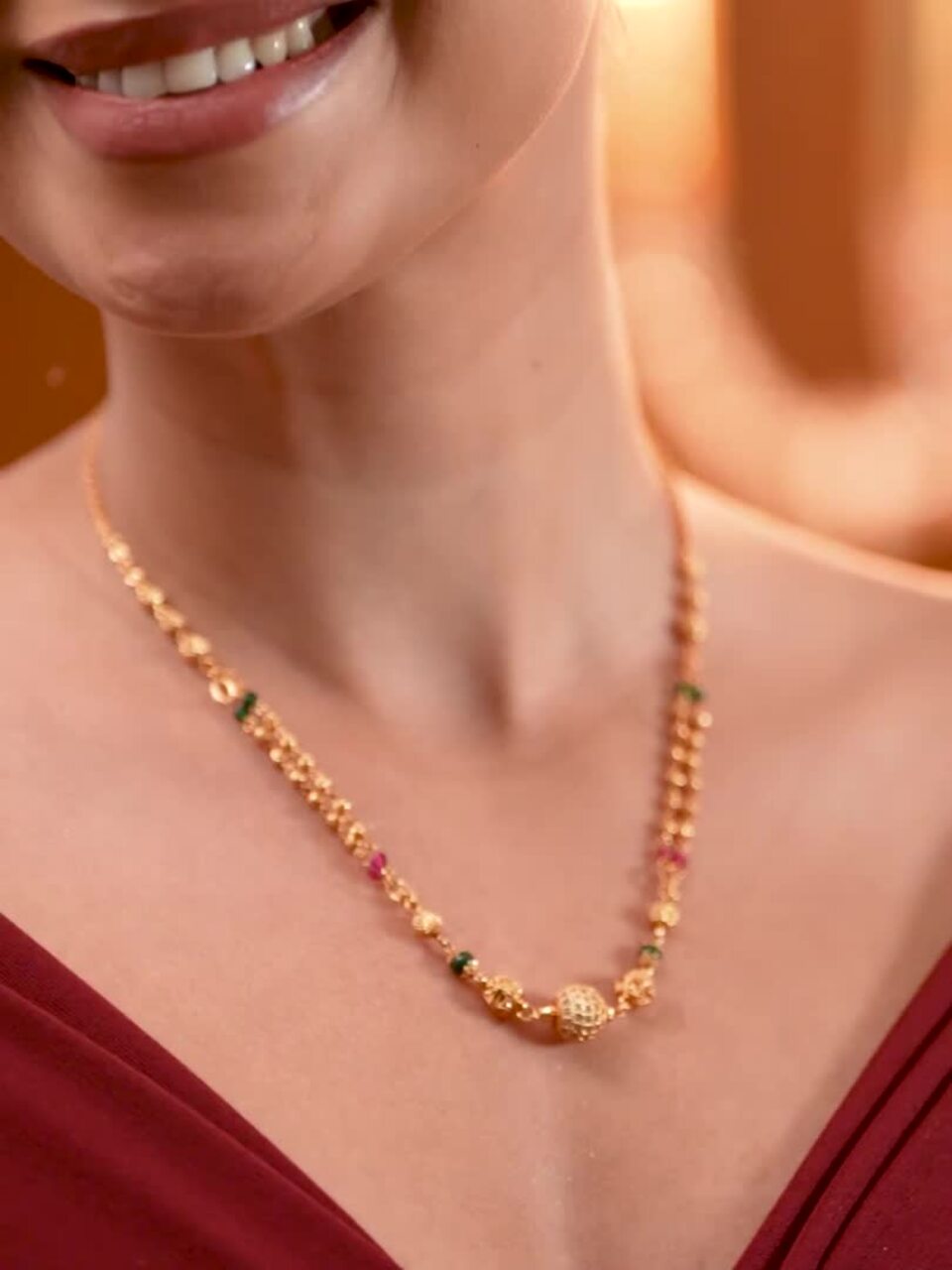 18K Gold-Plated Cubic Zirconia Stone Gold, Green & Pink Beaded Matar Mala Necklace