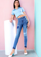 Women Blue Slim Fit High-Rise Low Distress Light Fade Stretchable Jeans