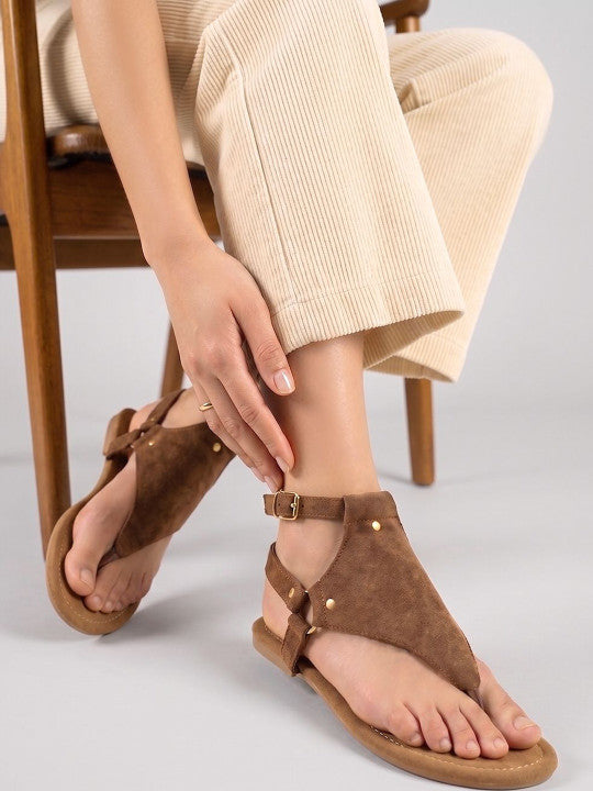 Women Woven Design Leather Casual Gladiators with Buckles Flats