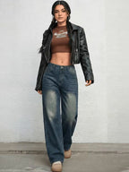 Women Wide Leg High-Rise Low Distress Jeans