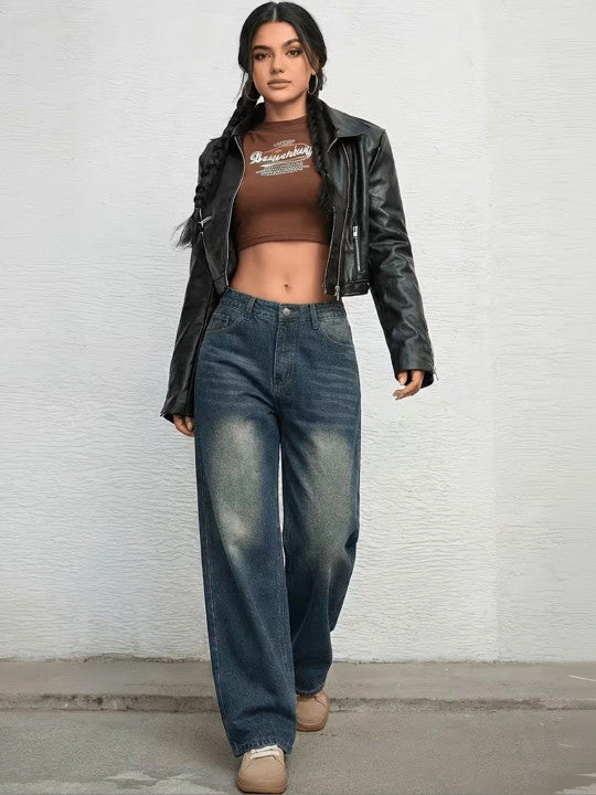 Women Wide Leg High-Rise Low Distress Jeans