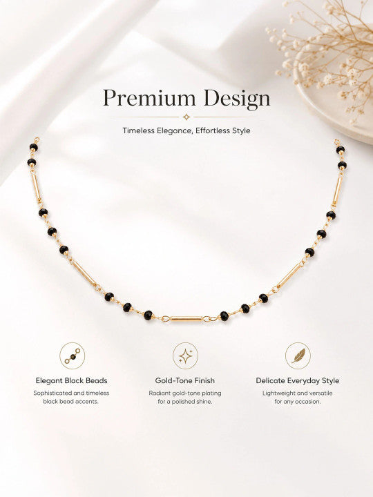 Women Brass Black Beaded Chain Necklace with Minimal Bar Link Design