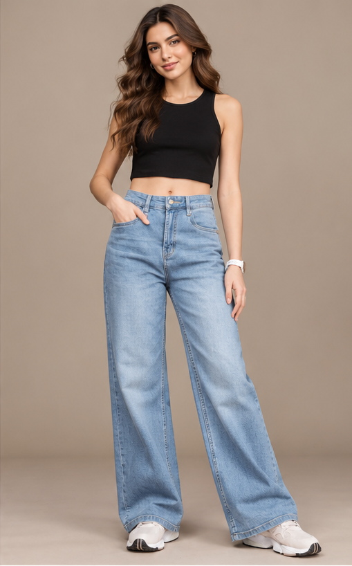 The Lifestyle Co. Women Wide Leg Light Fade Stretchable Jeans
