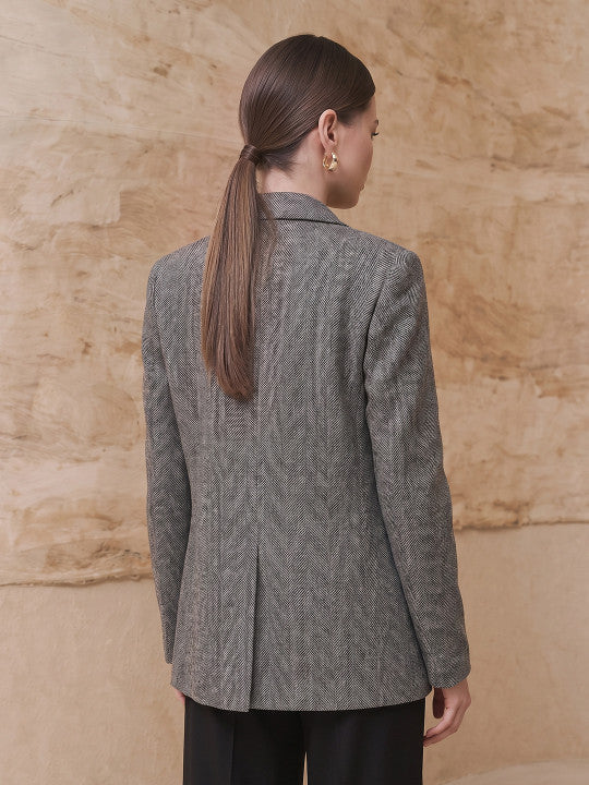 Self Design Notched Lapel Double-Breasted Casual Blazer