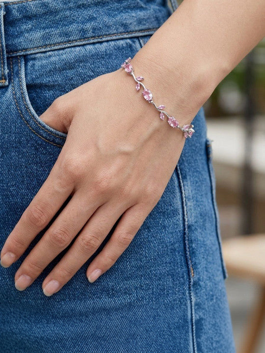 Silver Anti Tarnish Floral Pink Stones Crystal Tulip Bracelet