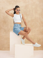 Women High Rise Clean Look Above Knee Stretchable Denim Shorts