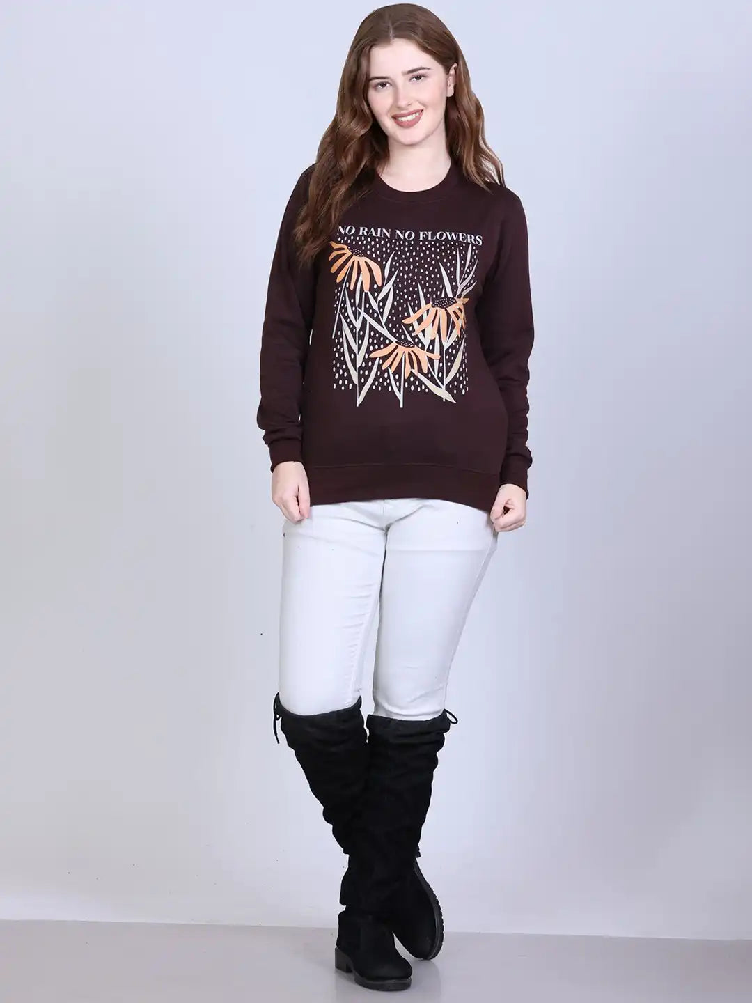 Women Floral Printed Ribbed Pullover Sweatshirt