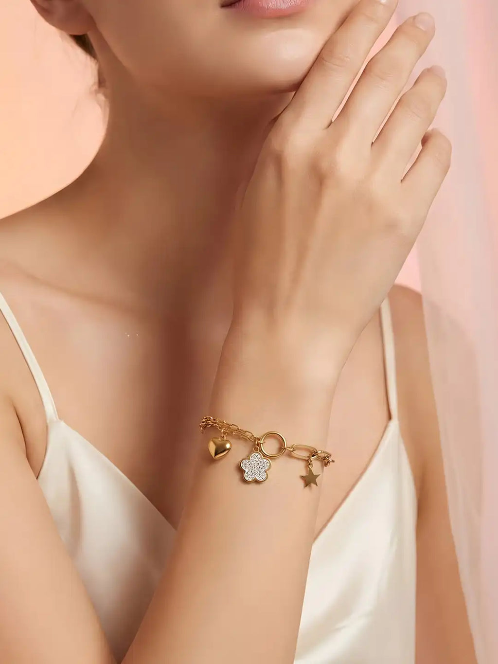 18K Gold-Plated Anti-Tarnish Heart Star & Crystal Flower Charm Bracelet