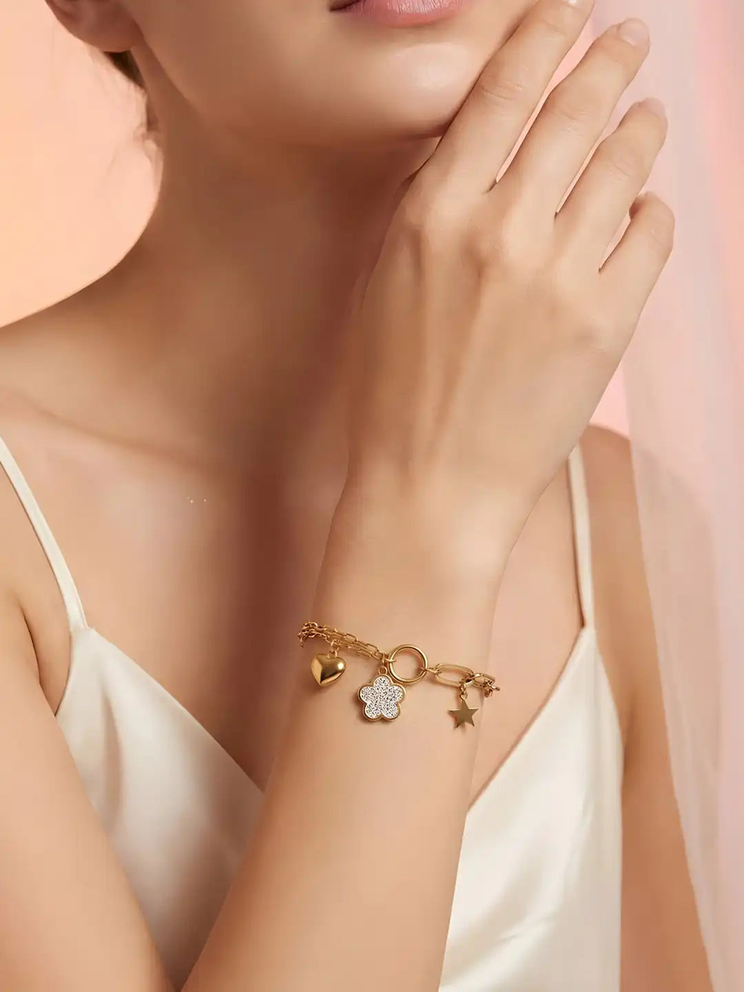 18K Gold-Plated Anti-Tarnish Heart Star & Crystal Flower Charm Bracelet