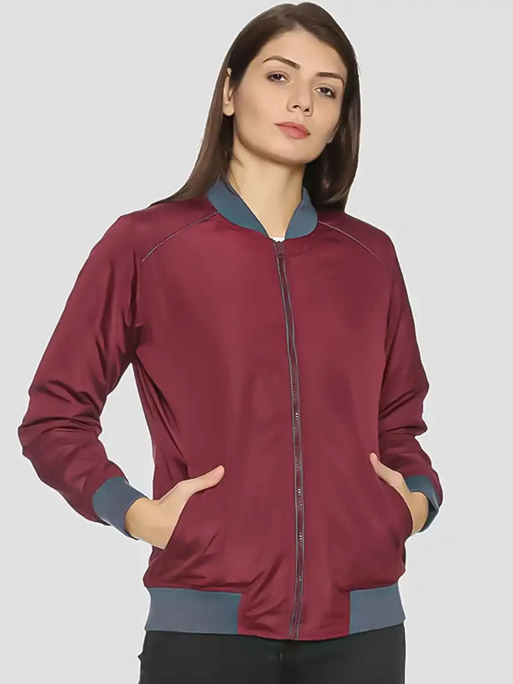 Women Stand Collar Solid Lightweight Bomber Jacket