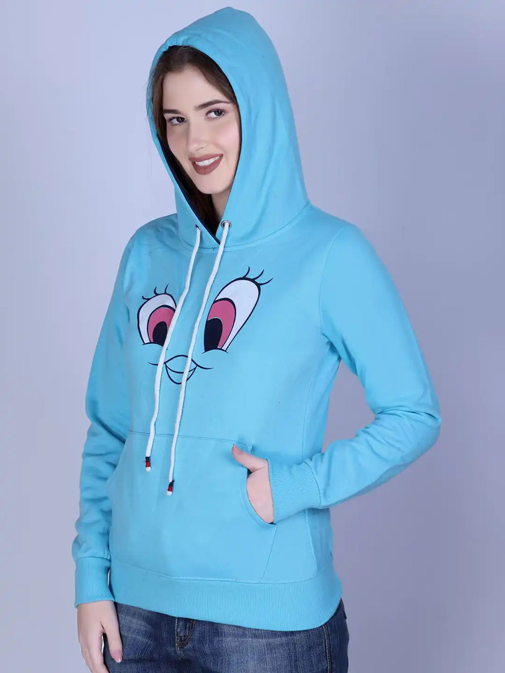 Women Hooded Abstract Printed Ribbed Pullover Sweatshirt