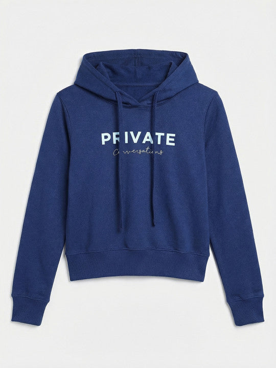 Women Navy Blue Printed Hooded Sweatshirt