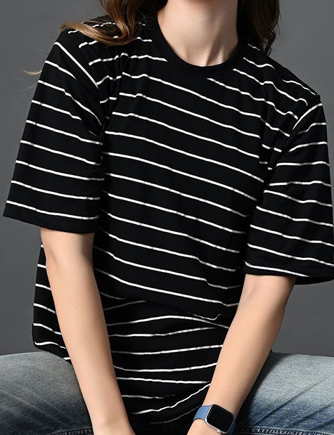 Women Bio Finish Striped Round Neck Cotton Relaxed Fit T-shirt