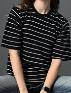 Women Bio Finish Striped Round Neck Cotton Relaxed Fit T-shirt
