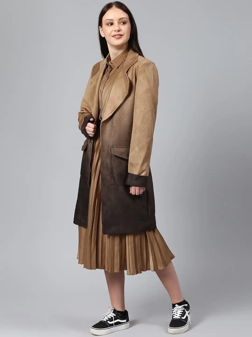 Women Tan Brown Solid Suede Longline Overcoat