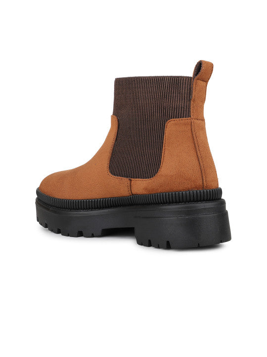 Women Tan Casual Solid Round toe Chelsea Boots