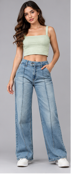 Women Indigo Wide Leg Light Fade Stretchable Casual Jeans