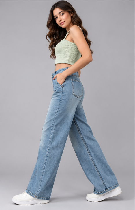 Women Indigo Wide Leg Light Fade Stretchable Casual Jeans