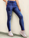 Women Blue Straight Fit Clean Look Heavy Fade Floral Printed Stretchable Jeans