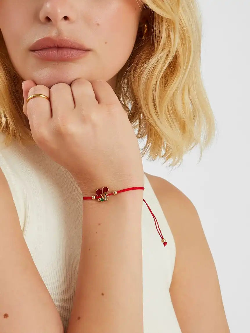 Women Cherry Charm Cord Bracelet