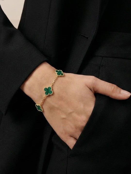 Women Gold Plated Anti-Tarnish Stainless Steel Green Clover Bracelet