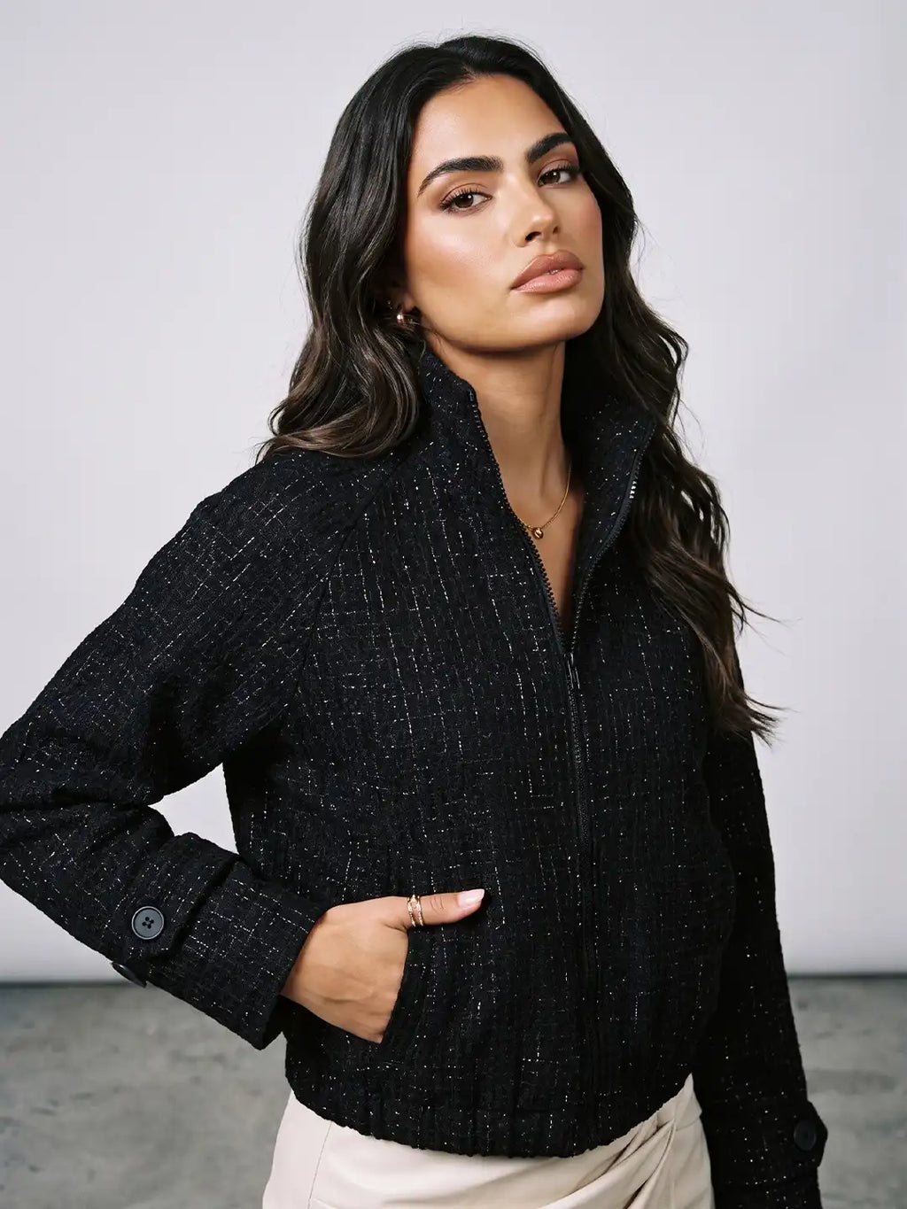 Stand Collar Cropped Tailored Jacket
