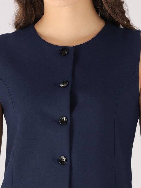 Women Blue Sleeveless Slim Fit Formal Waistcoat
